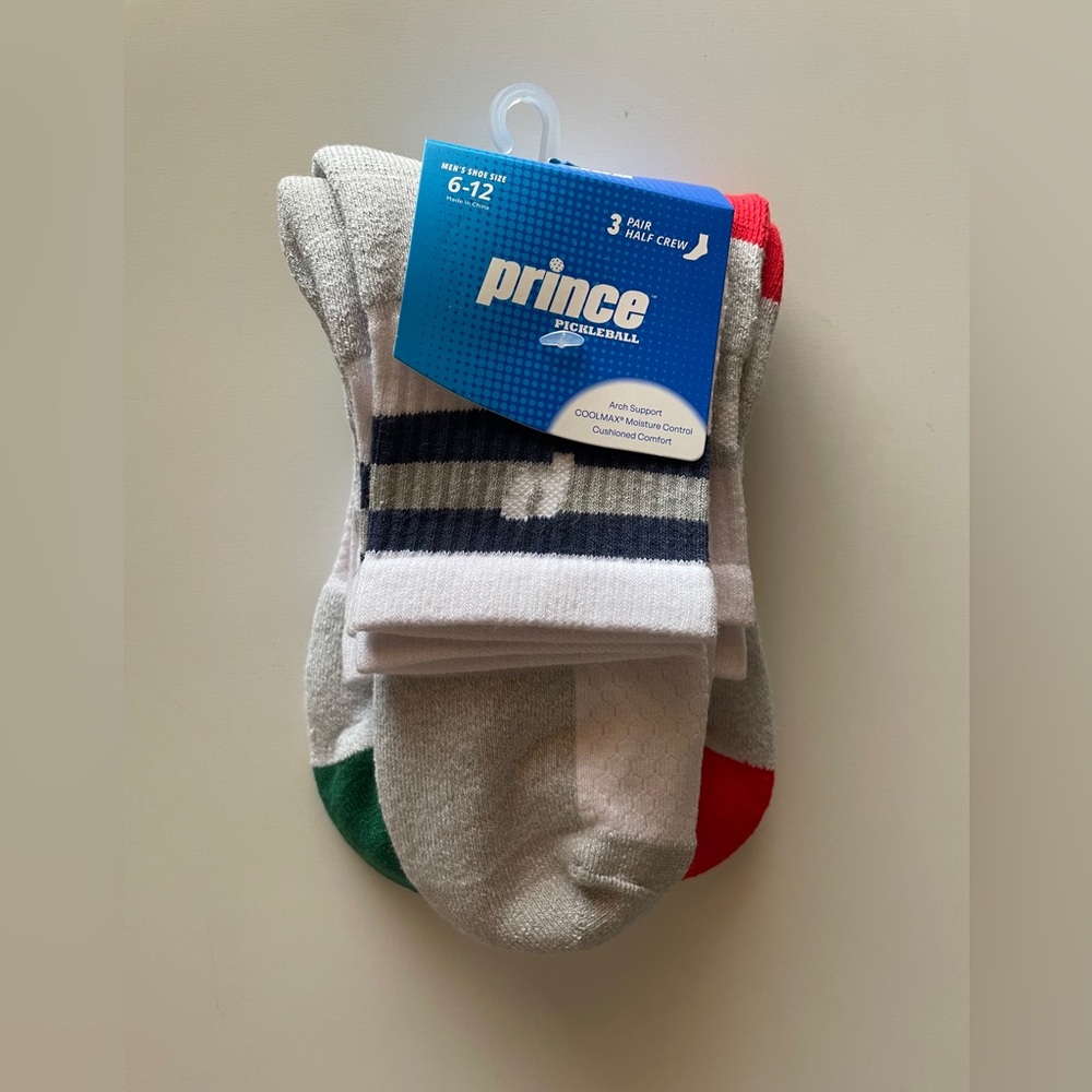 Prince Pickleball Men’s Mid-Crew Socks 3pk - White 6-12 ⚪️🔴🔵🟢